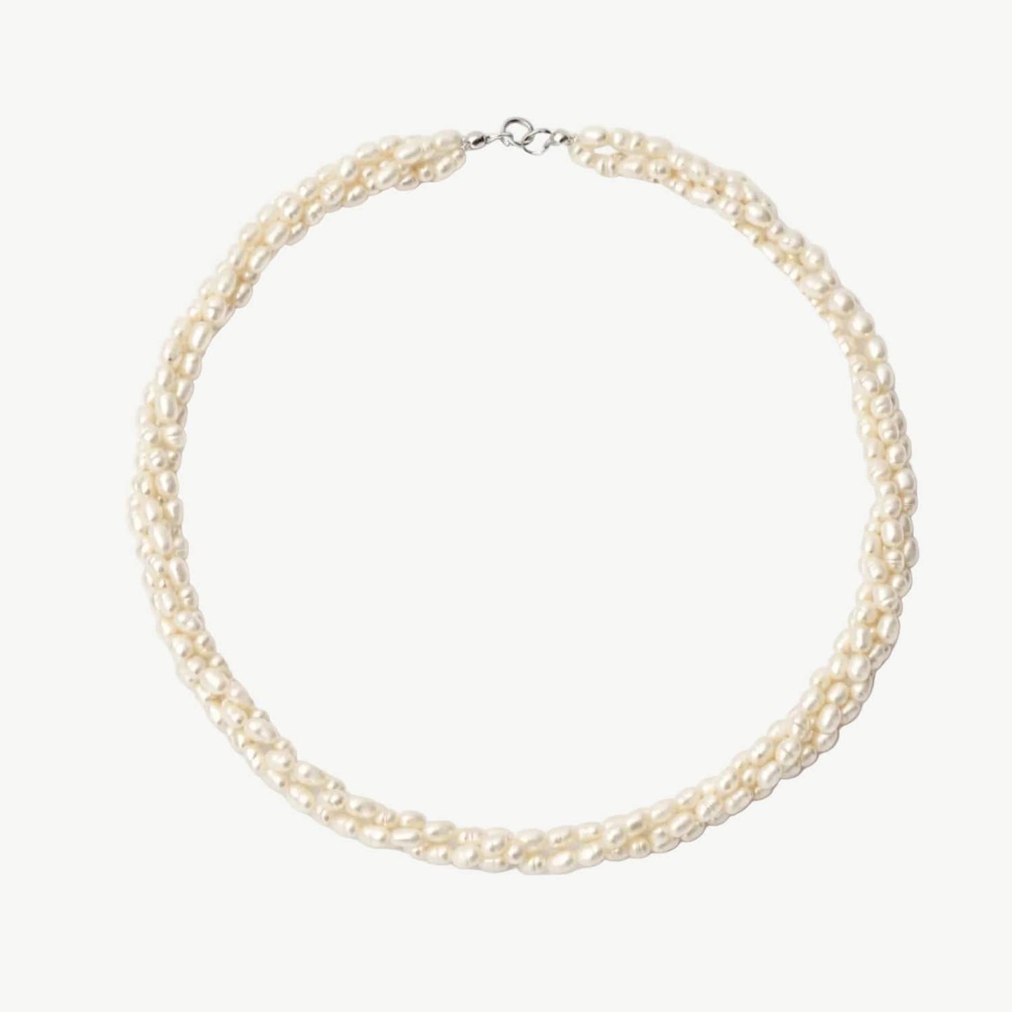 3 Row Premium Choker with White Baroque Rice Pearls 4 mm, Silver photo