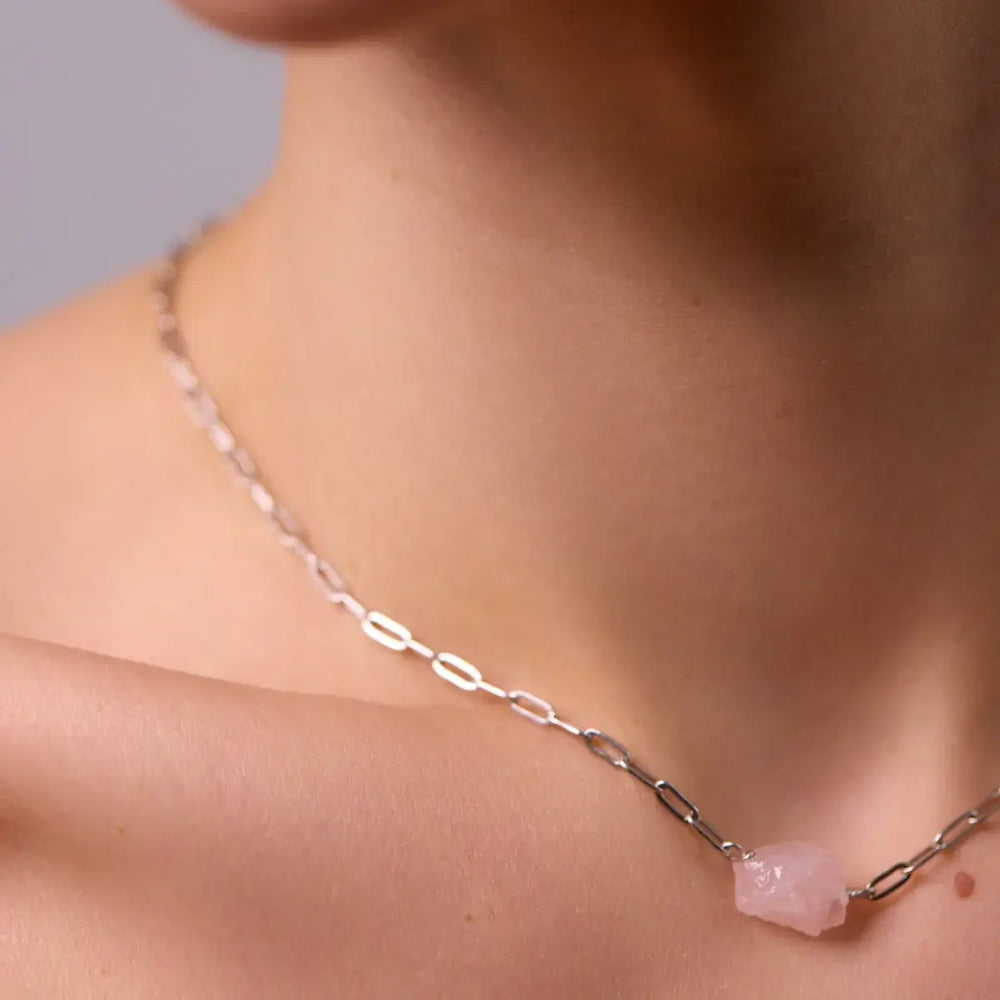 
                  
                    Candy Blush pink quartz necklace, silver metal chain
                  
                