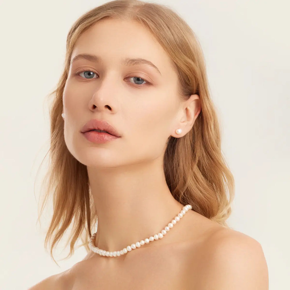 Choker with White Round Baroque Pearls and baroque white pearl earrings, Celestial Balance set by Pearl Code