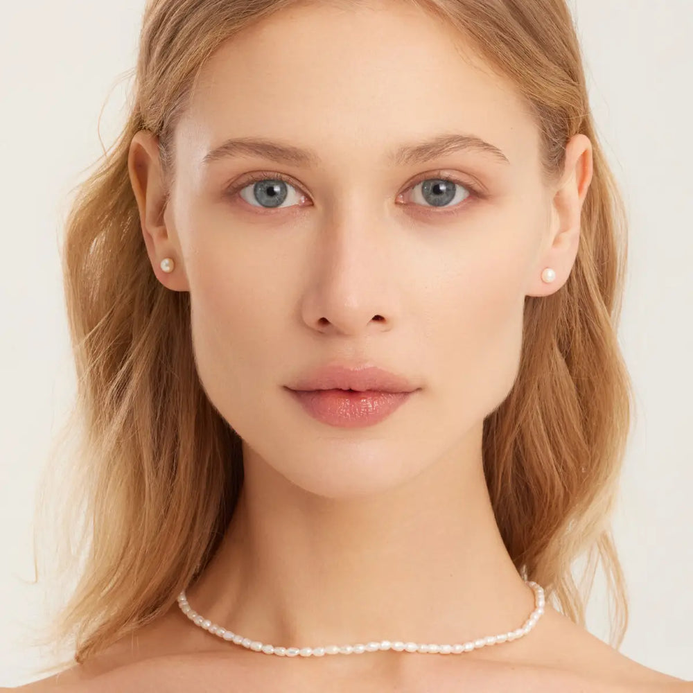 Stud earrings white pearl and Choker with rice baroque pearls, Celestial Poise jewelry set by Pearl Code