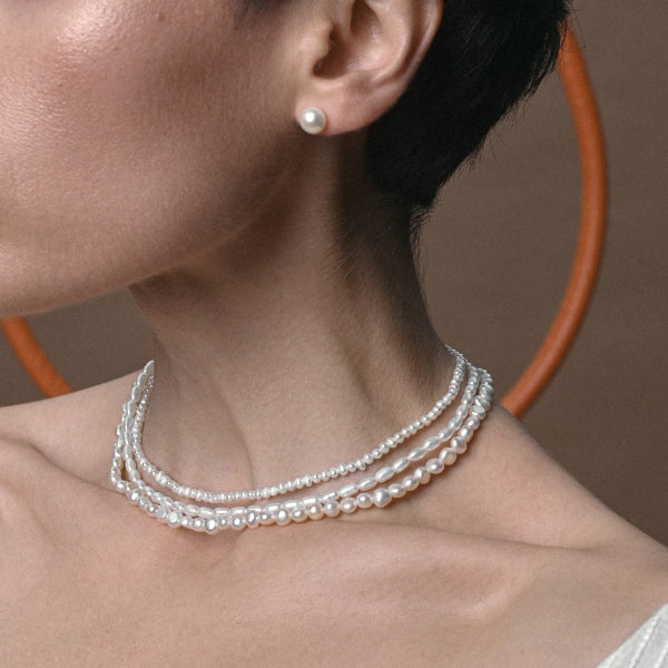 Rice, round and baroque White pearl choker necklaces by Pearl Code