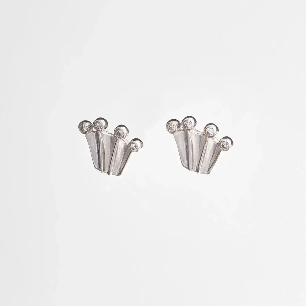 Silver stud earrings in crown form with lab-grown diamonds