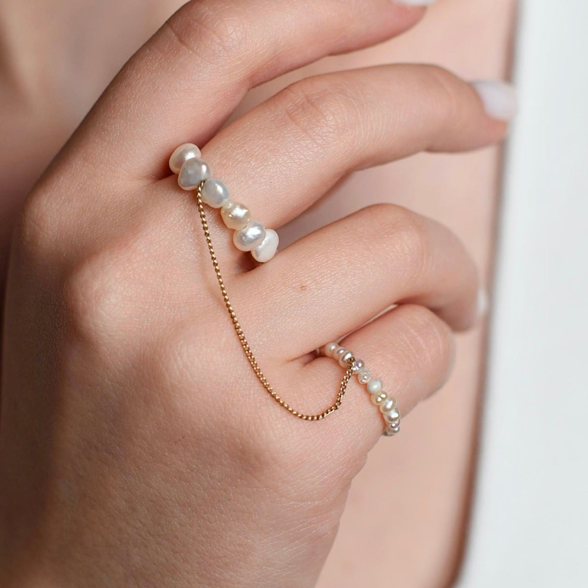 White Pearl Double Ring with Gold Chain