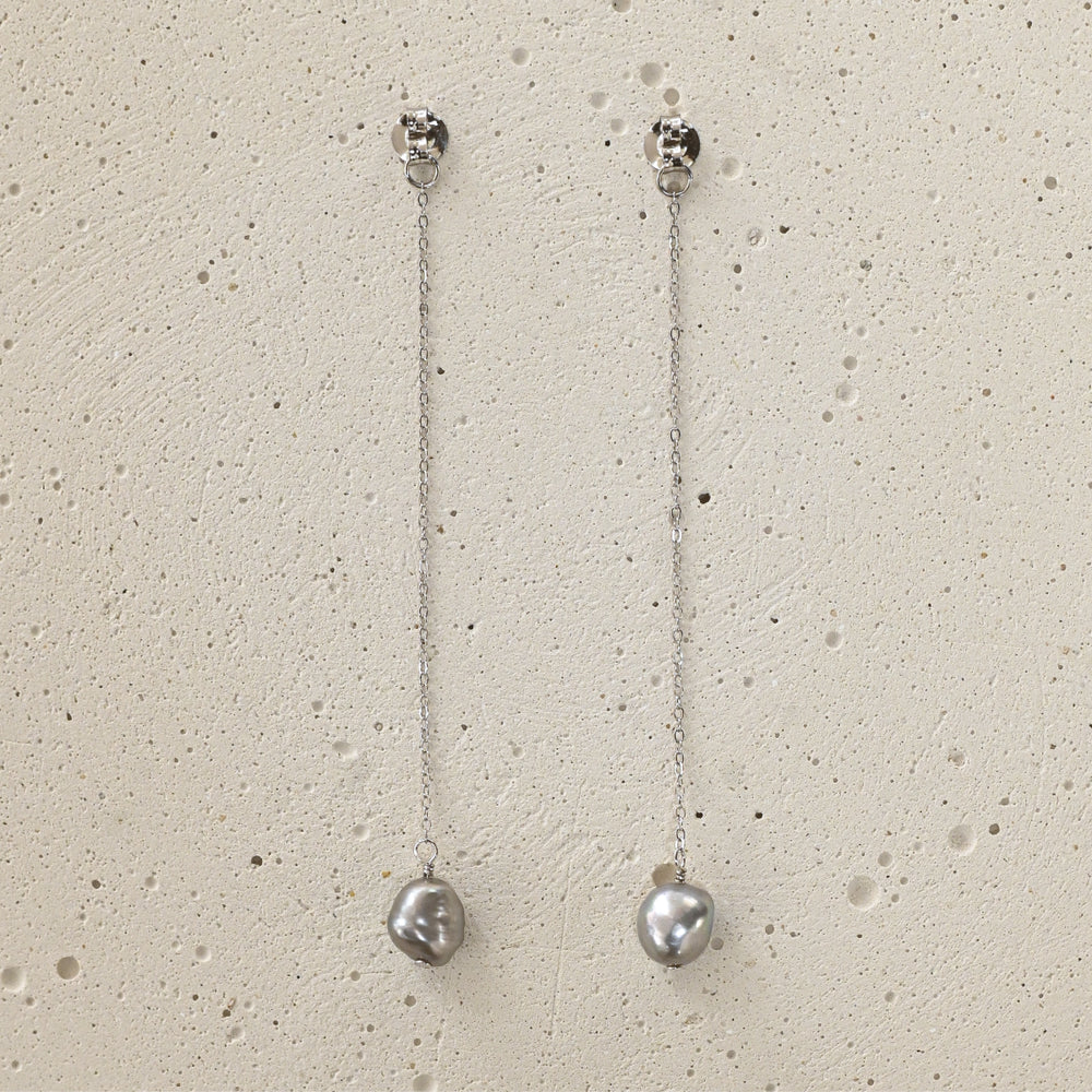 Silver drop and chain earrings with grey baroque pearl