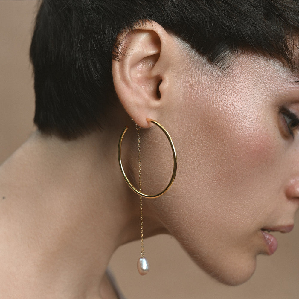 Gold-filled hoop and chain earrings with rose baroque pearl