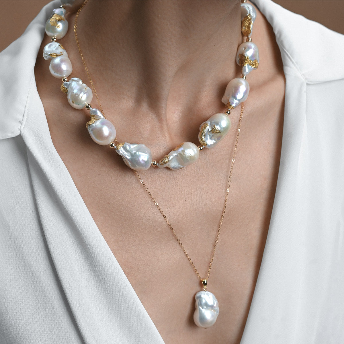 Gold-filled pendant with white baroque pearl and 14k gold pearls choker