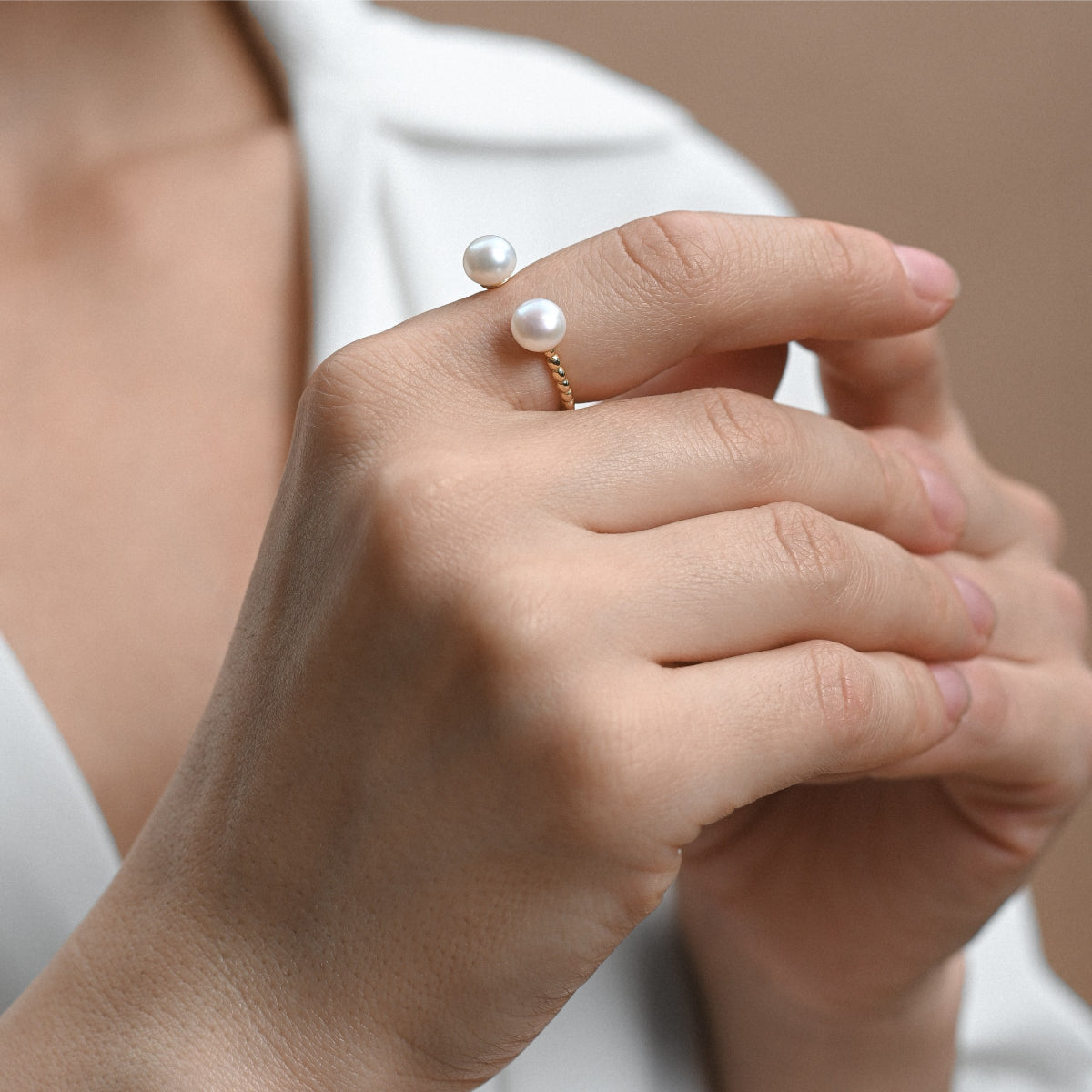 Gold filled open ring with two white pearls of 7mm