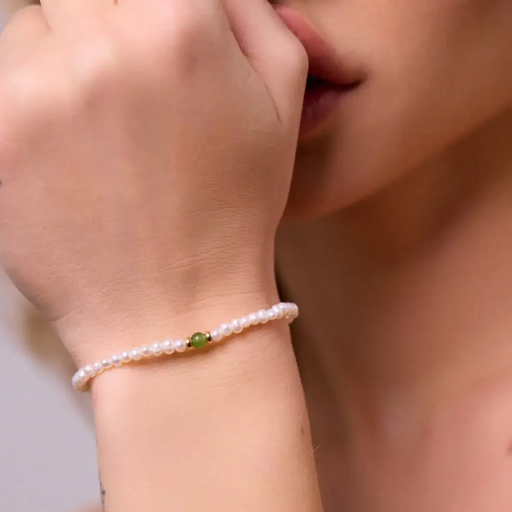 Jade Whispers pearl bracelet with jade, gold-filled metal