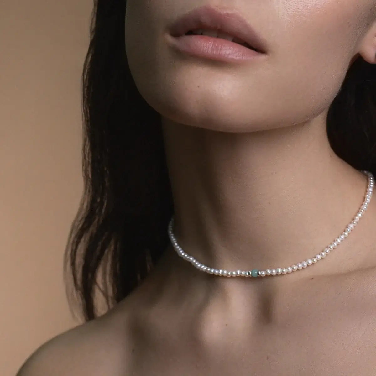 Minty Glow Choker with 3mm round white pearl and amazonite gemstone