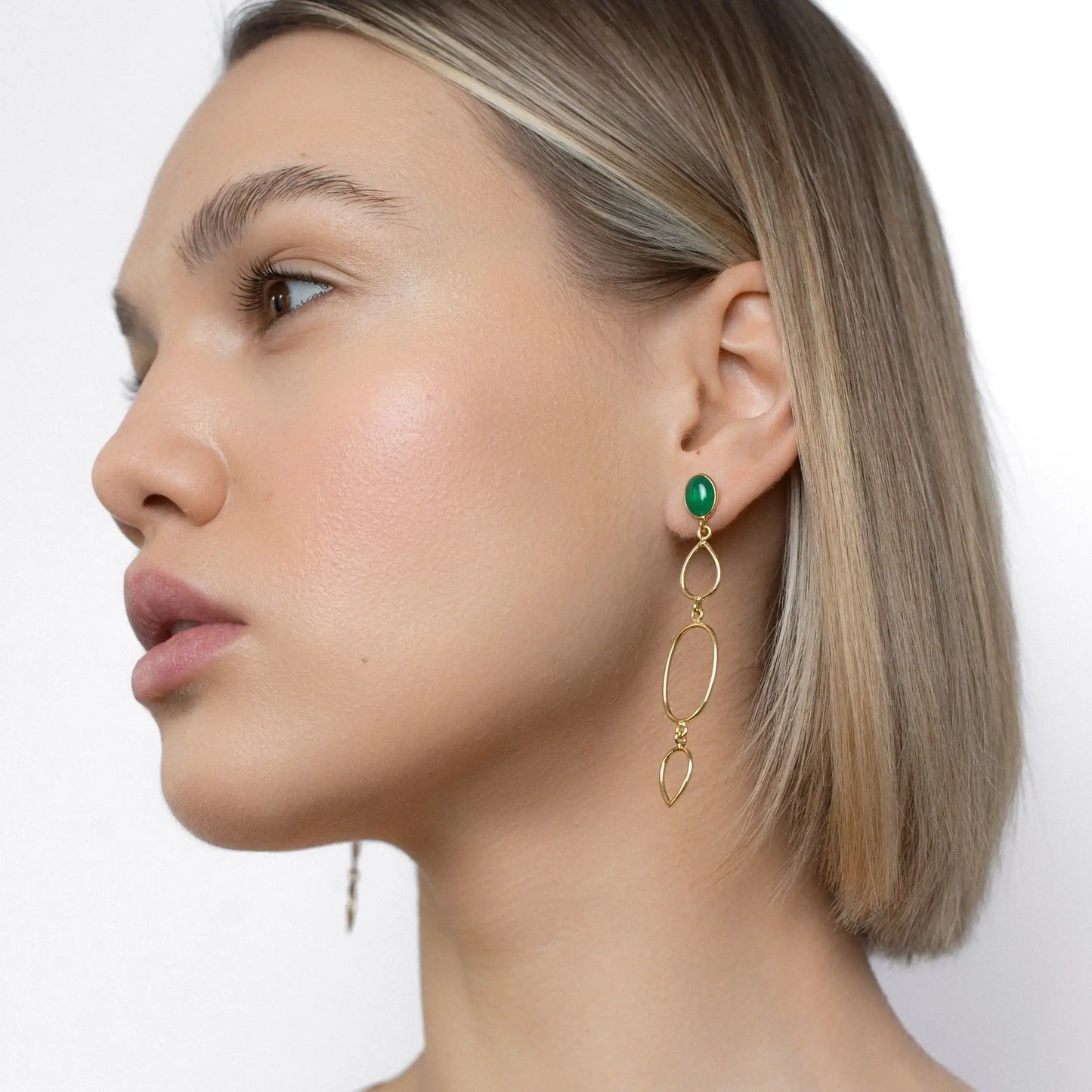 Drop Earrings with Green Onyx natural gems, Gold-plated silver metal