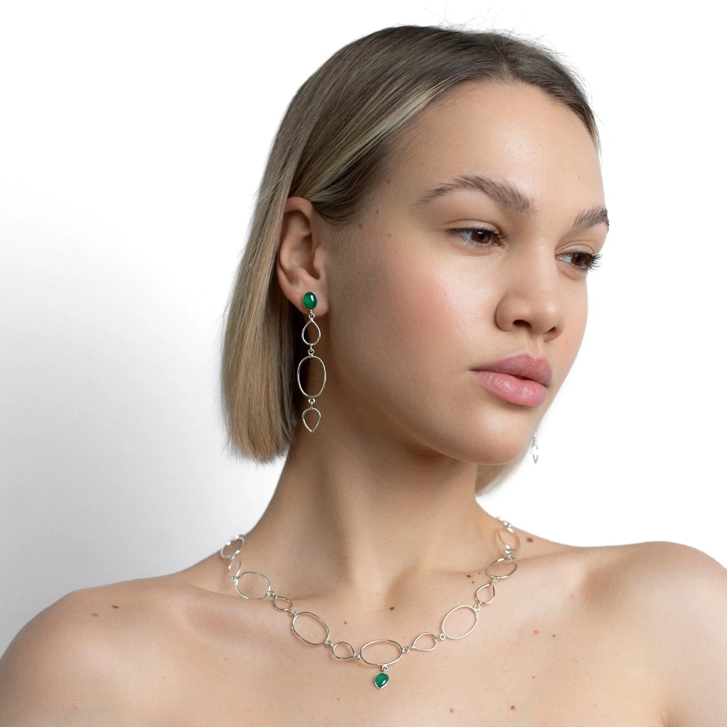 Muse Green Onyx Silver Set, drop earrings and chain necklace 