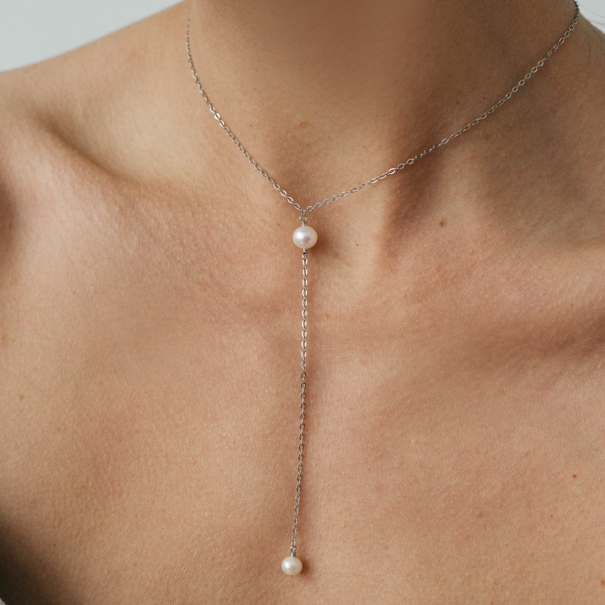 Silver chain Necklace with two round white pearls