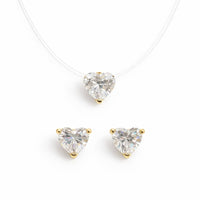 Sweetheart Earrings & Necklace Set With Cubic Zirconia, Gold-Plated Silver