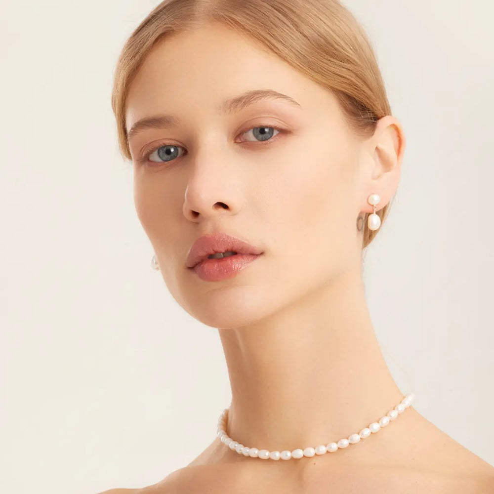 Pearl baroque drop earrings and Choker with white rice pearls of 6 mm, jewelry set 