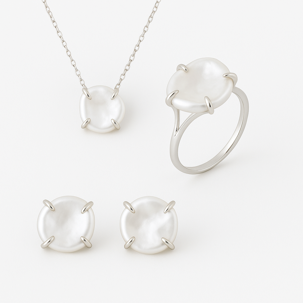 Rozeta Sunrise jewelry set: necklace, earrings and Ring with keshi white pearl