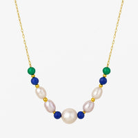 Trio Necklace with Gems and Pearls, gold chain