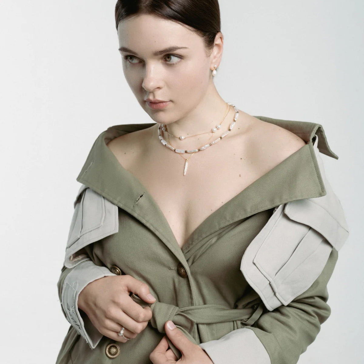 White pearl necklaces layered, styled by Pearl Code