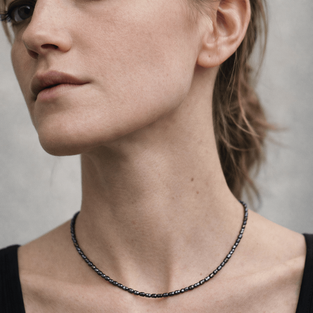 Black Baroque Rice Pearl Choker, 3 mm photo