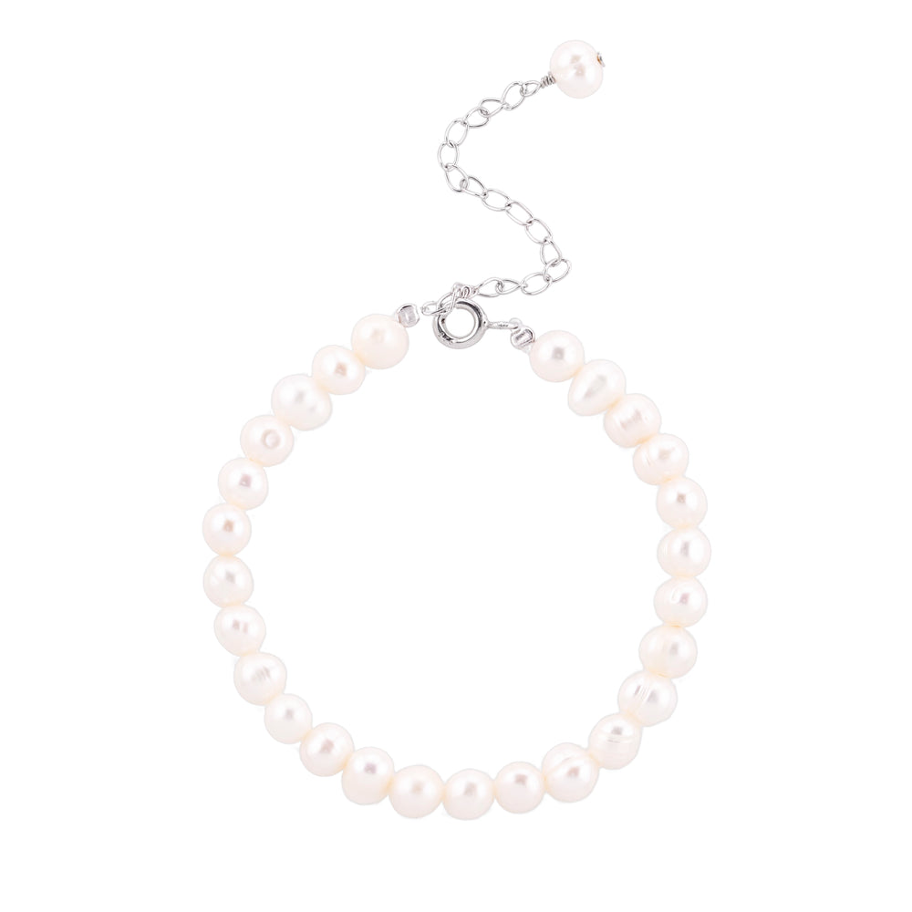 Bracelet with baroque round pearls 6 mm silver