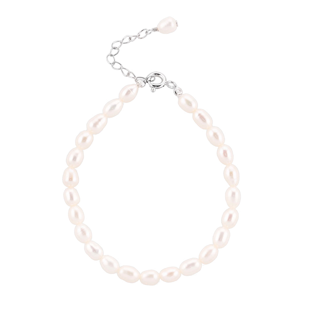 Bracelet with Rice pearls, 4 mm, silver chain with pearl