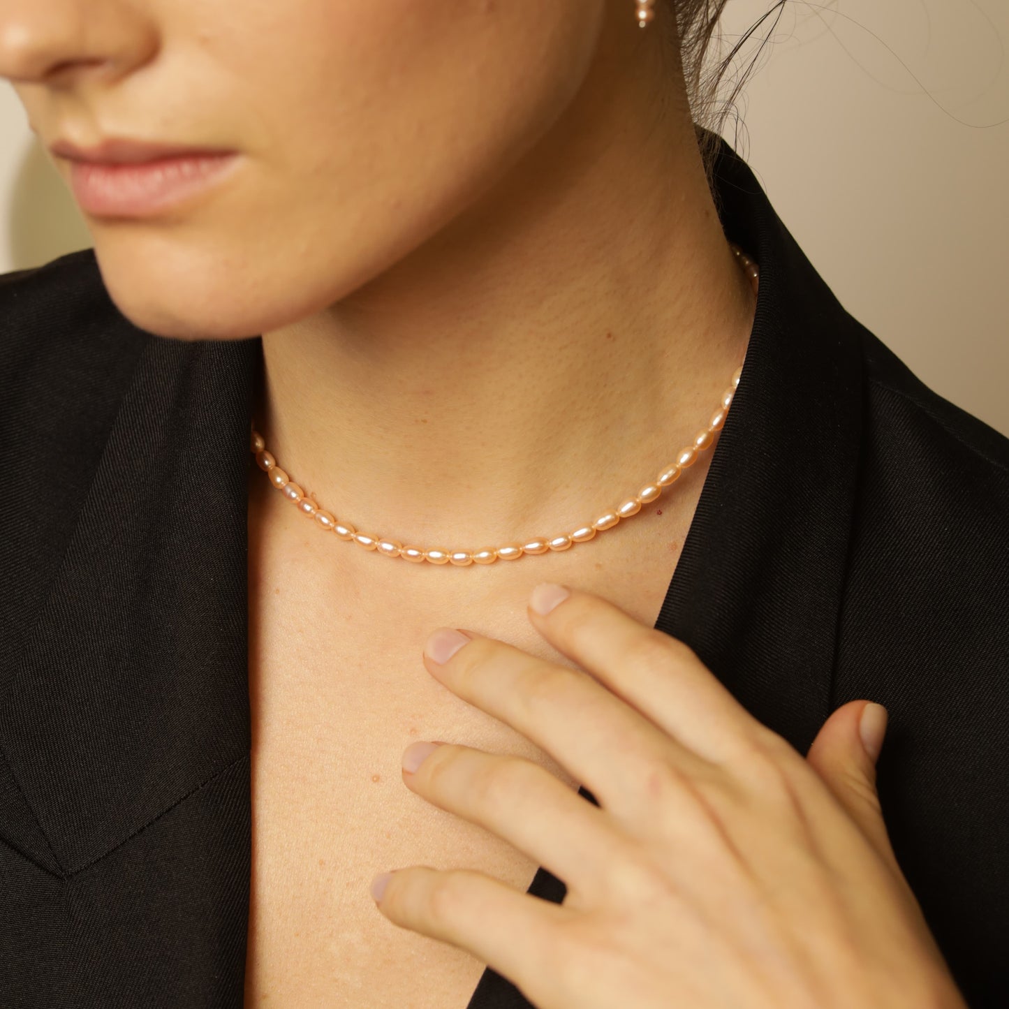 Choker with peach rice pearl 4 mm silver photo