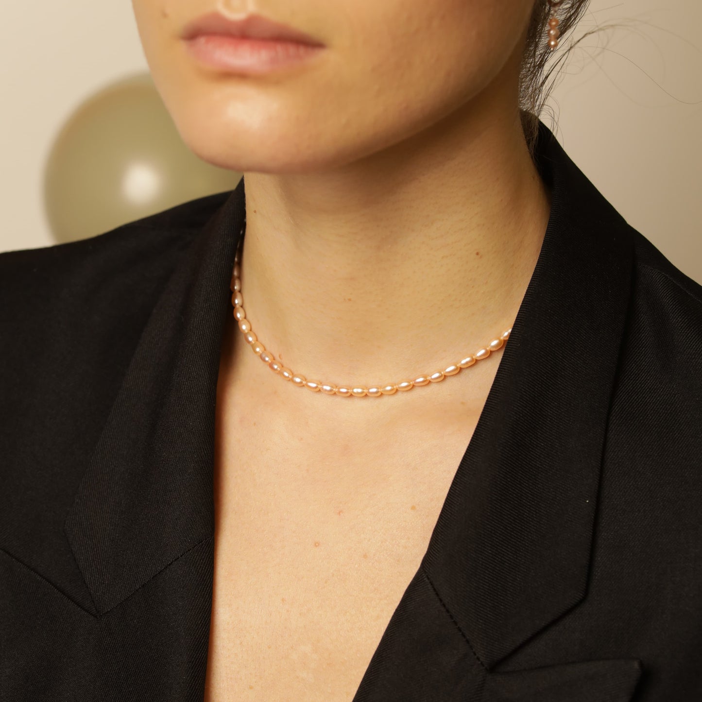 Choker with peach rice pearl 4 mm silver photo