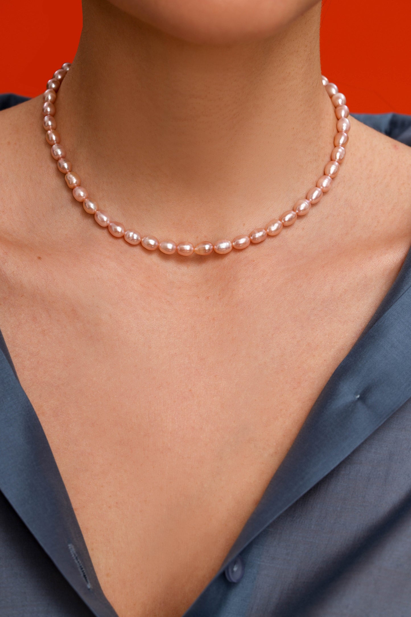 Choker with pink rice pearl 6 mm, silver photo