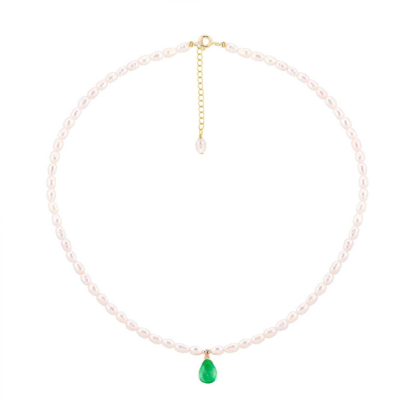 Choker with rice pearl and green onyx pendant, silver photo