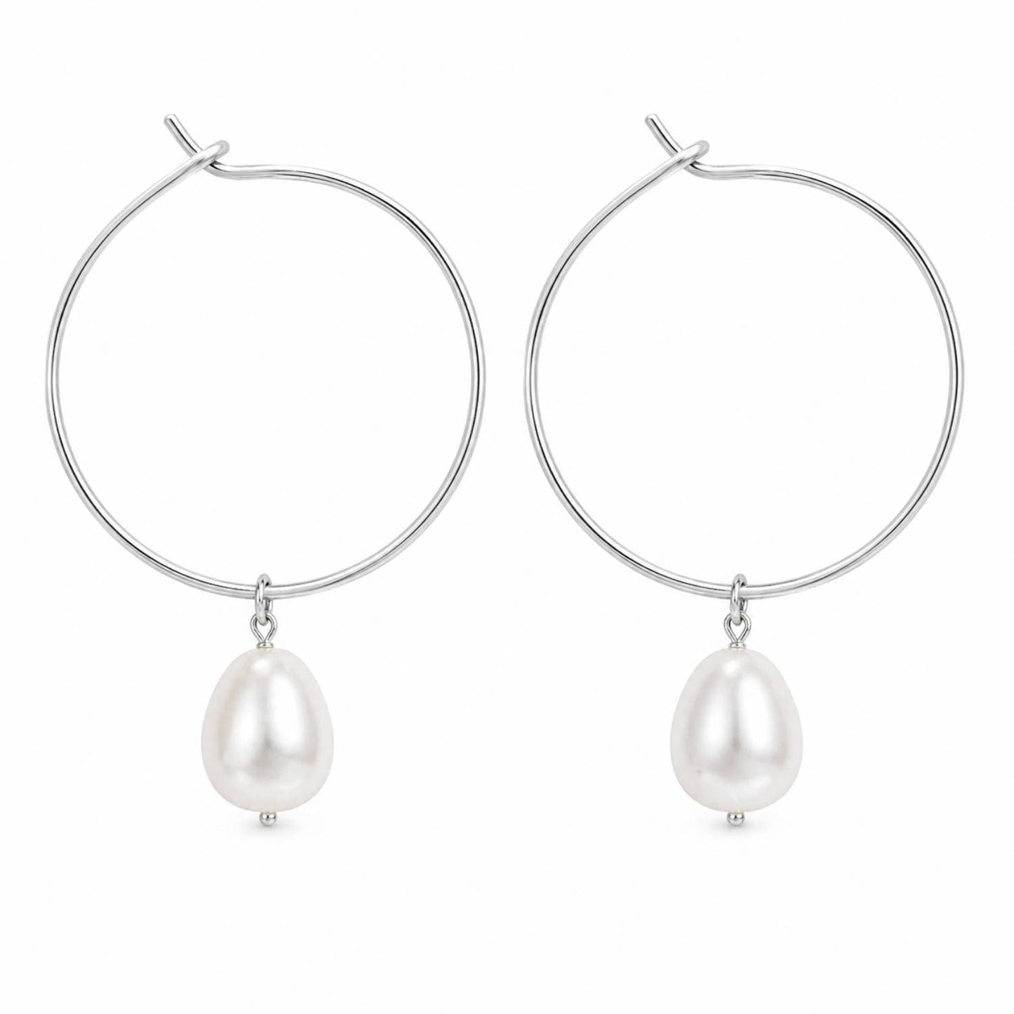 Circle earrings white baroque pearl 8mm, silver photo