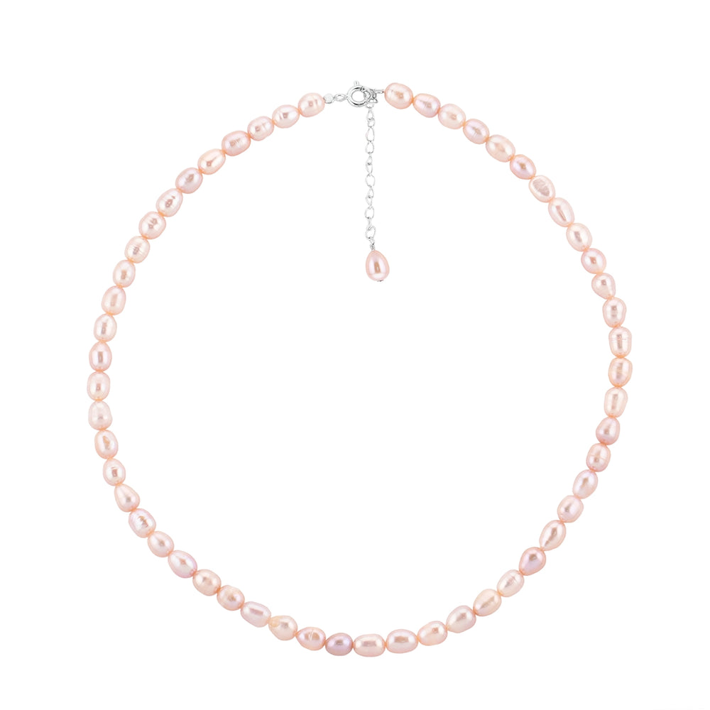 Choker peach color with rice pearls of 6mm, silver metal