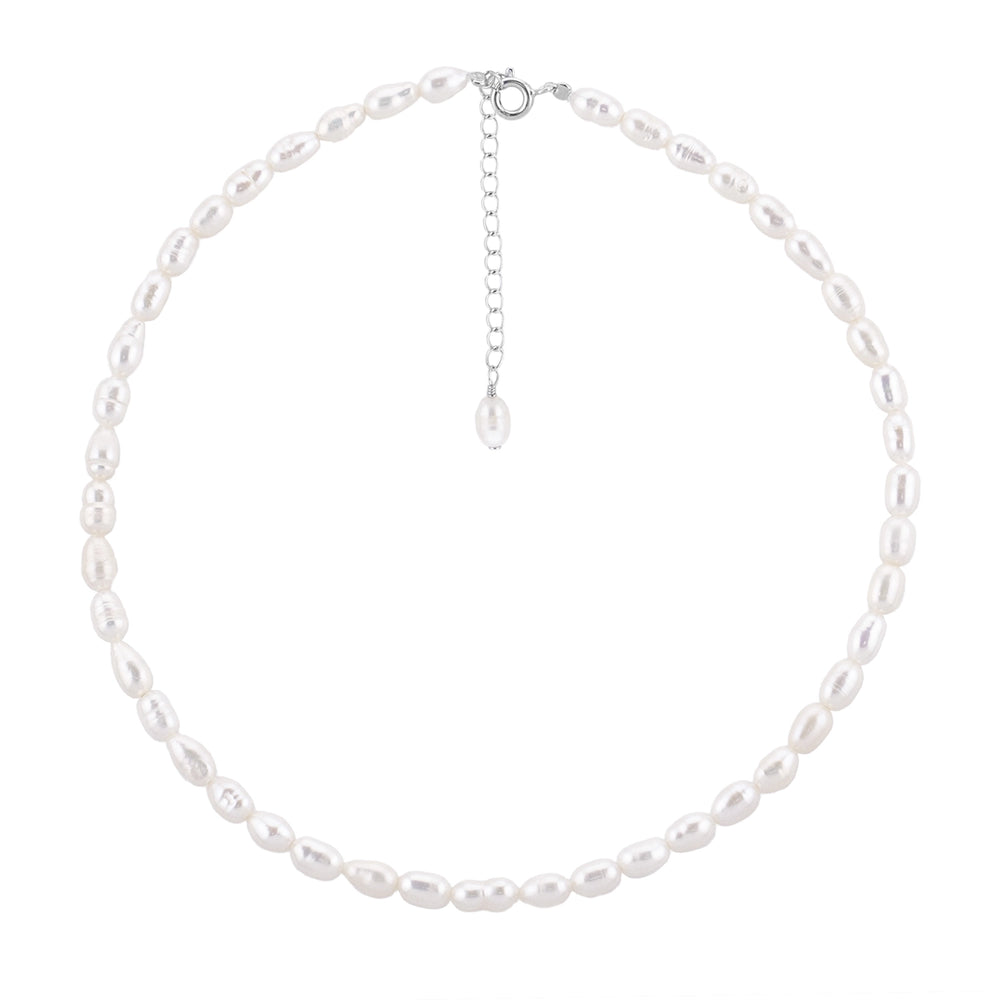 Choker with white rice pearl 6 mm silver