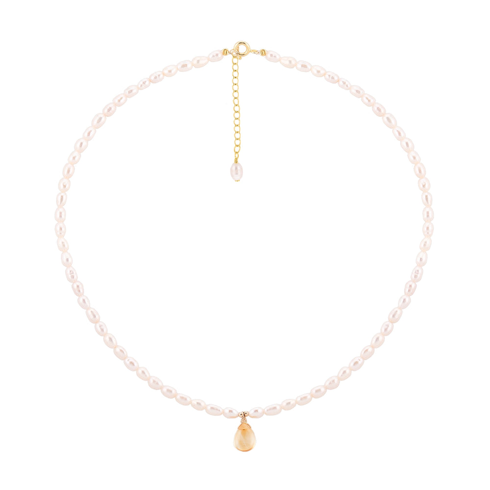 Choker with rice pearls and citrine pendant, in gold-filled