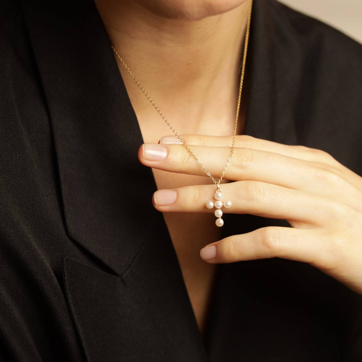 Cross Necklace with Pearls, Gold photo