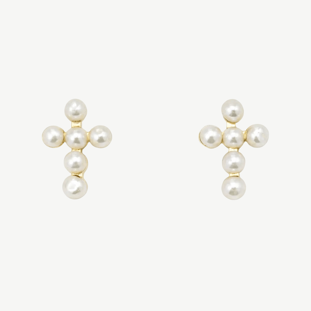 Cross Pearl Stud Earrings in Gold-Plated Silver photo