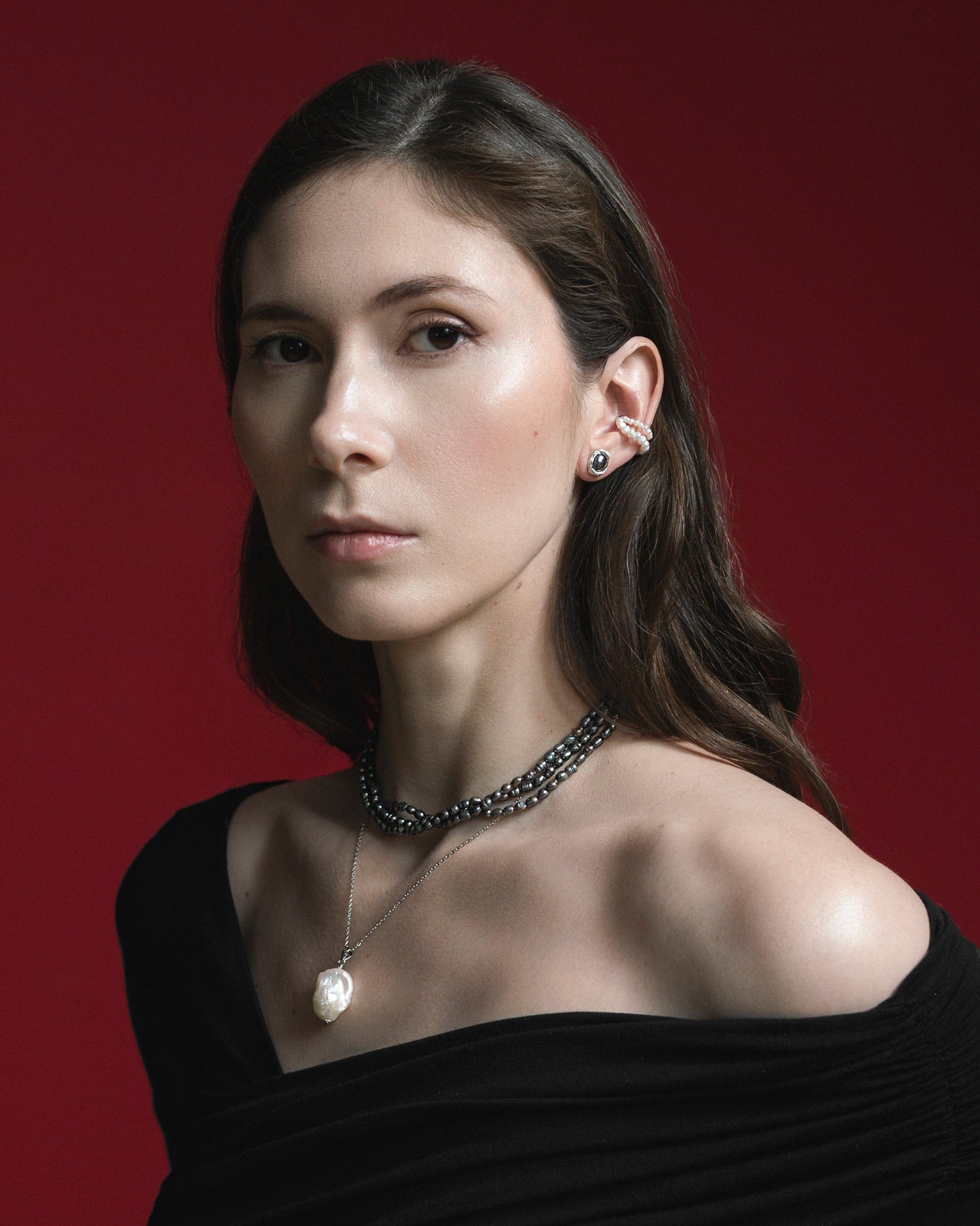 Formal black rice pearl stud earrings, silver photo