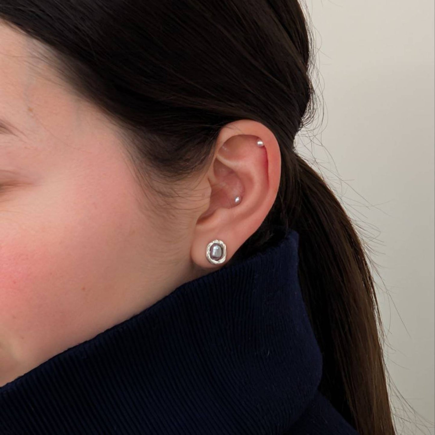 Formal gray pearl stud earrings, silver photo