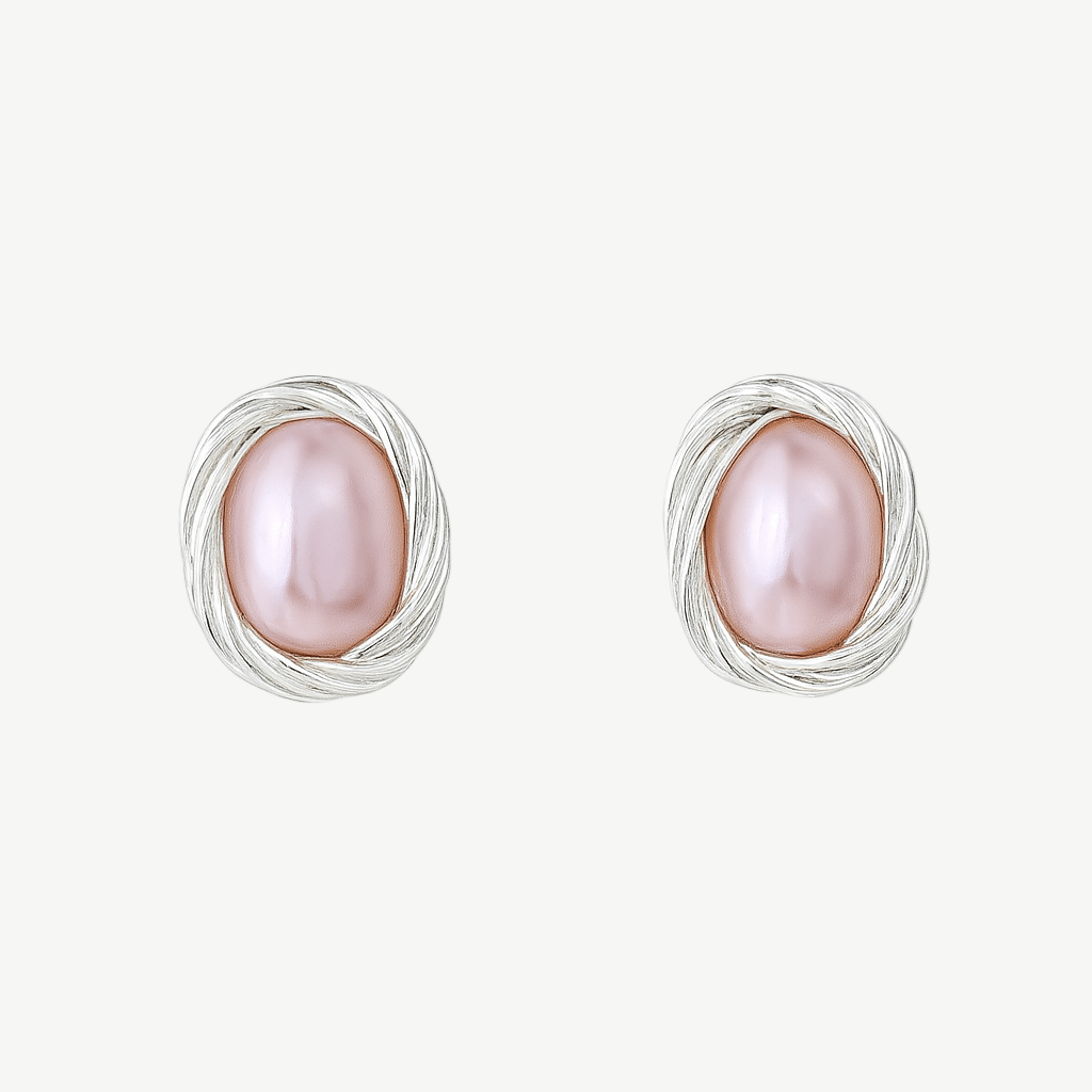 Formal pink pearl stud earrings, silver photo