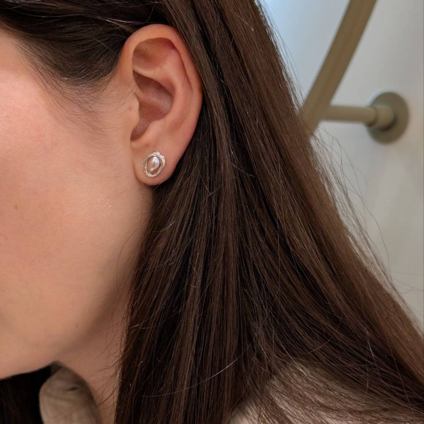 Formal pink pearl stud earrings, silver photo