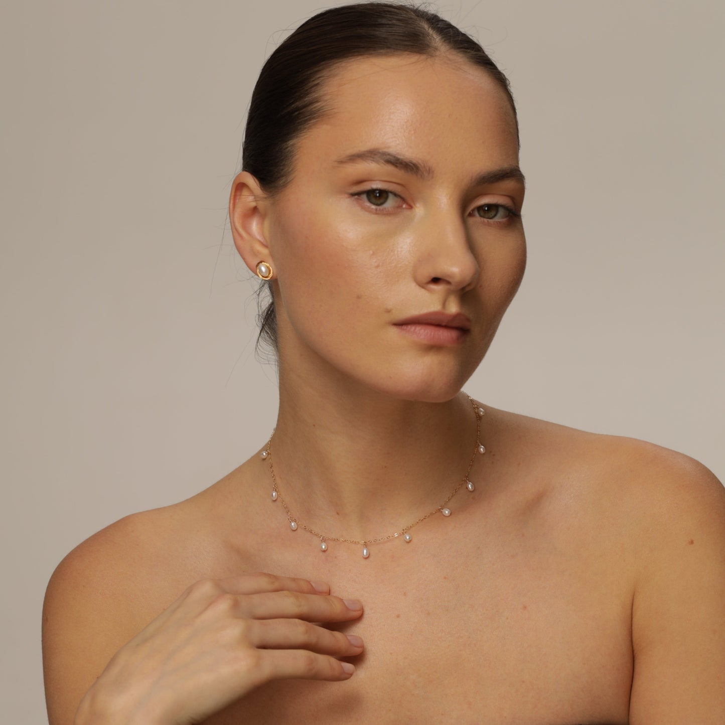 Formal white pearl stud earrings, gold-filled photo