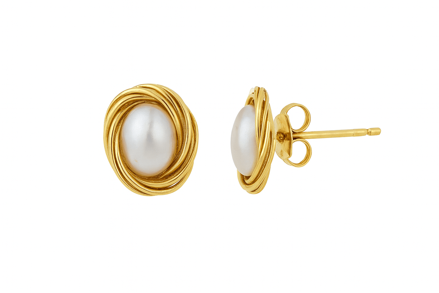 Formal white pearl stud earrings, gold photo