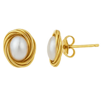 Formal white pearl stud earrings, gold photo