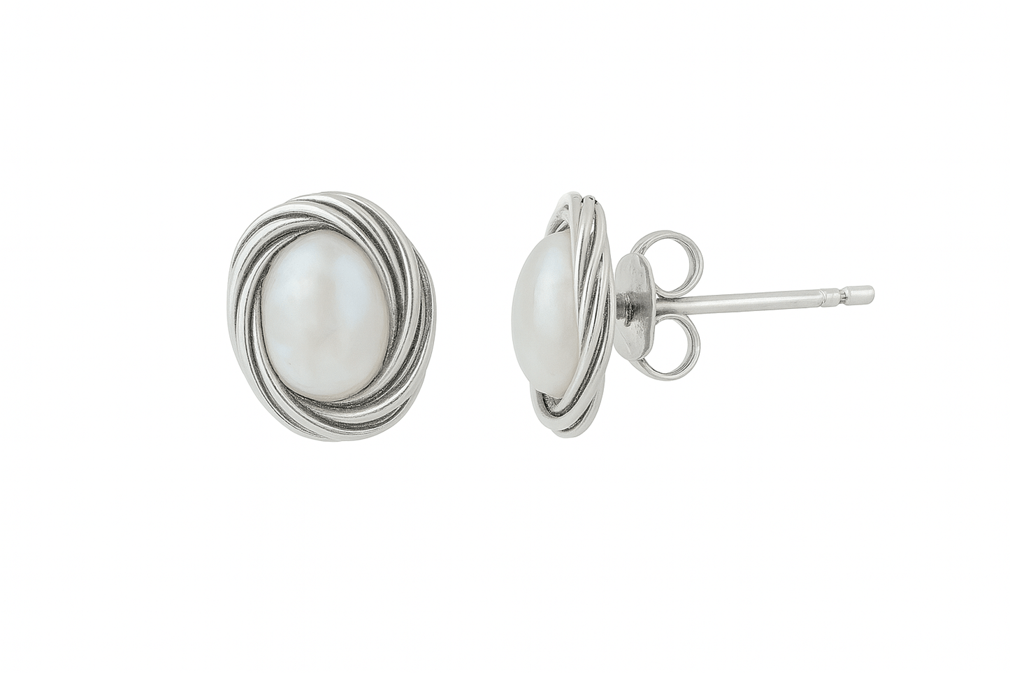 Formal white pearl stud earrings, silver photo