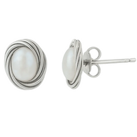 Formal white pearl stud earrings, silver photo