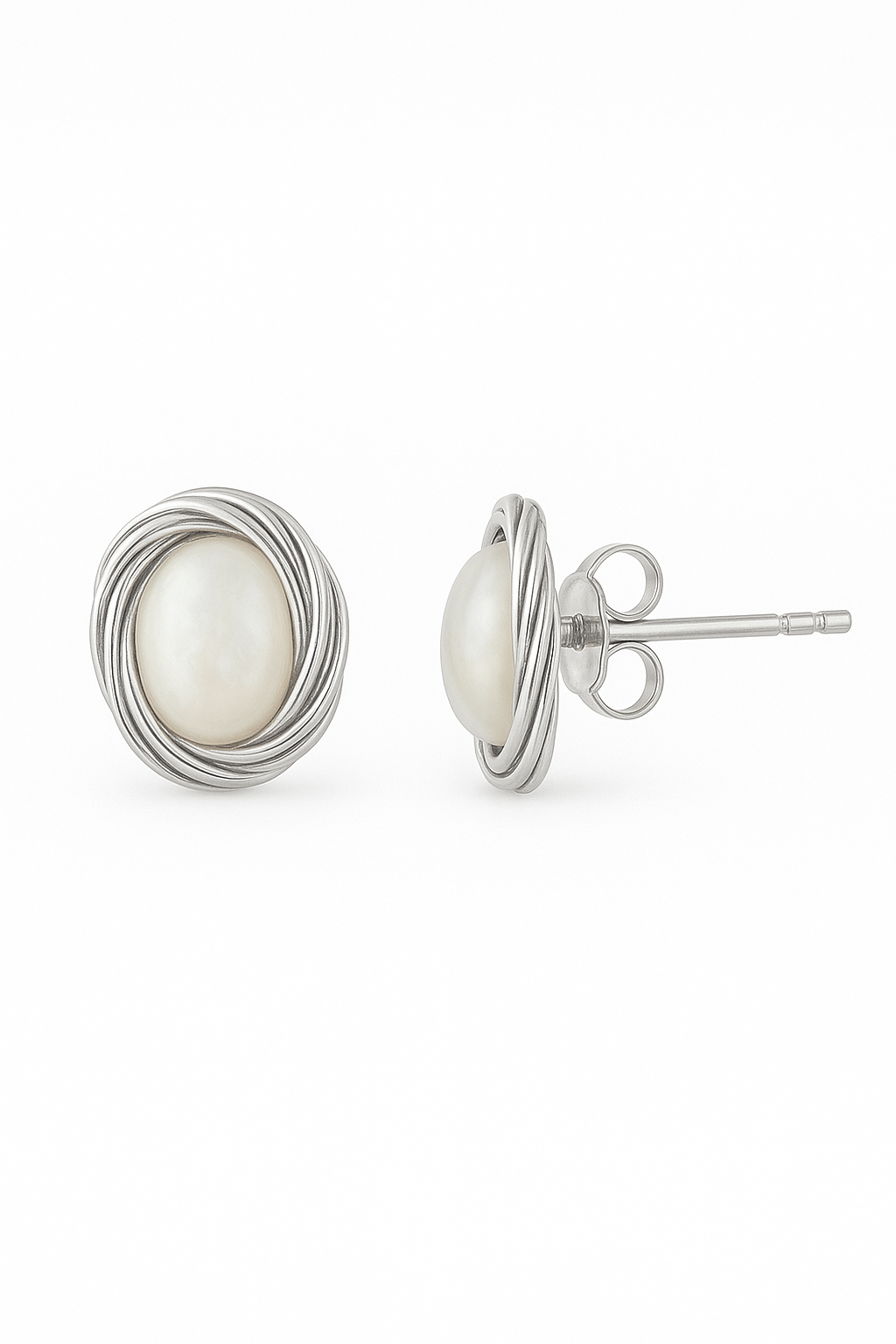 Formal white pearl stud earrings, silver photo
