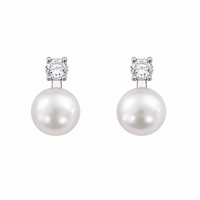 Formal white pearl stud earrings with cubic zirconia, silver photo