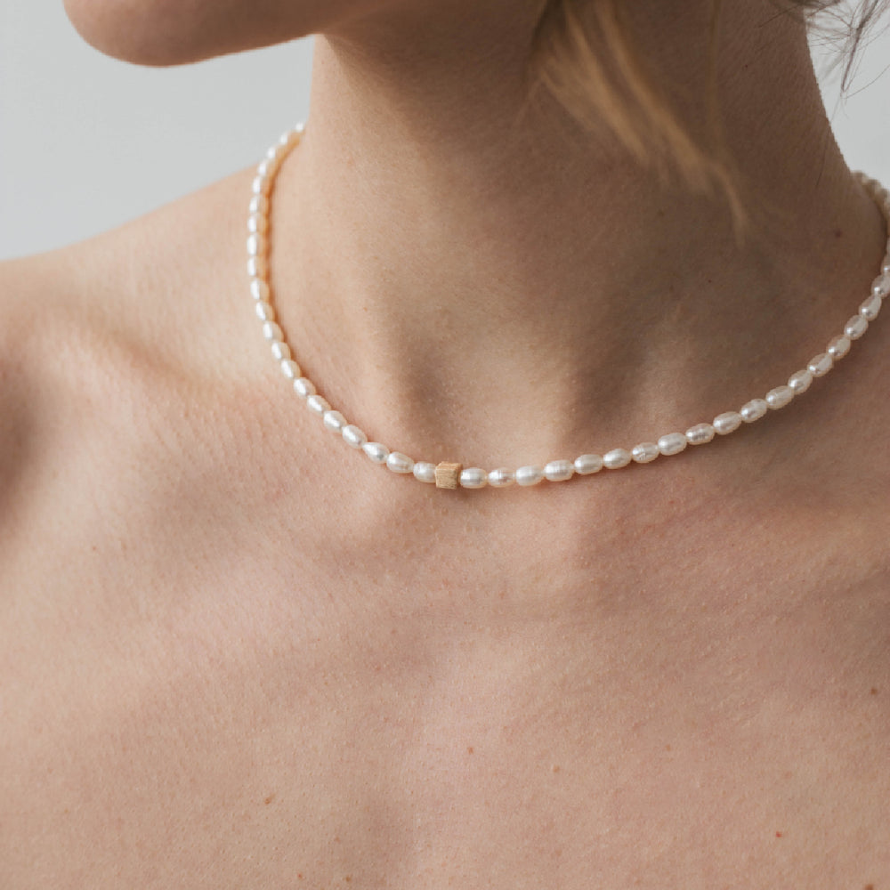 White Rice Pearl Choker with Gold Plated Silver Cube - pearlcode