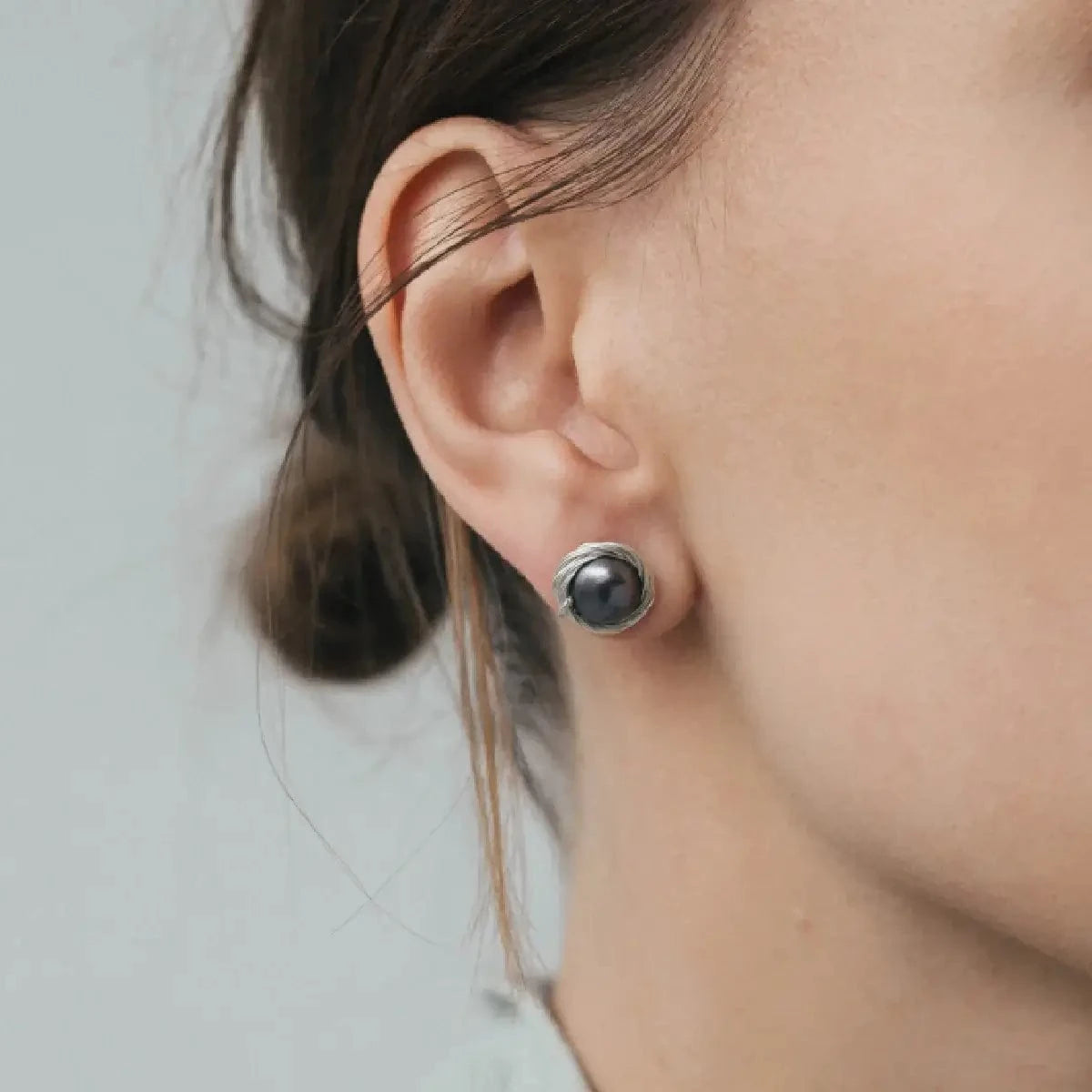 Formal black baroque pearl stud earrings, silver photo