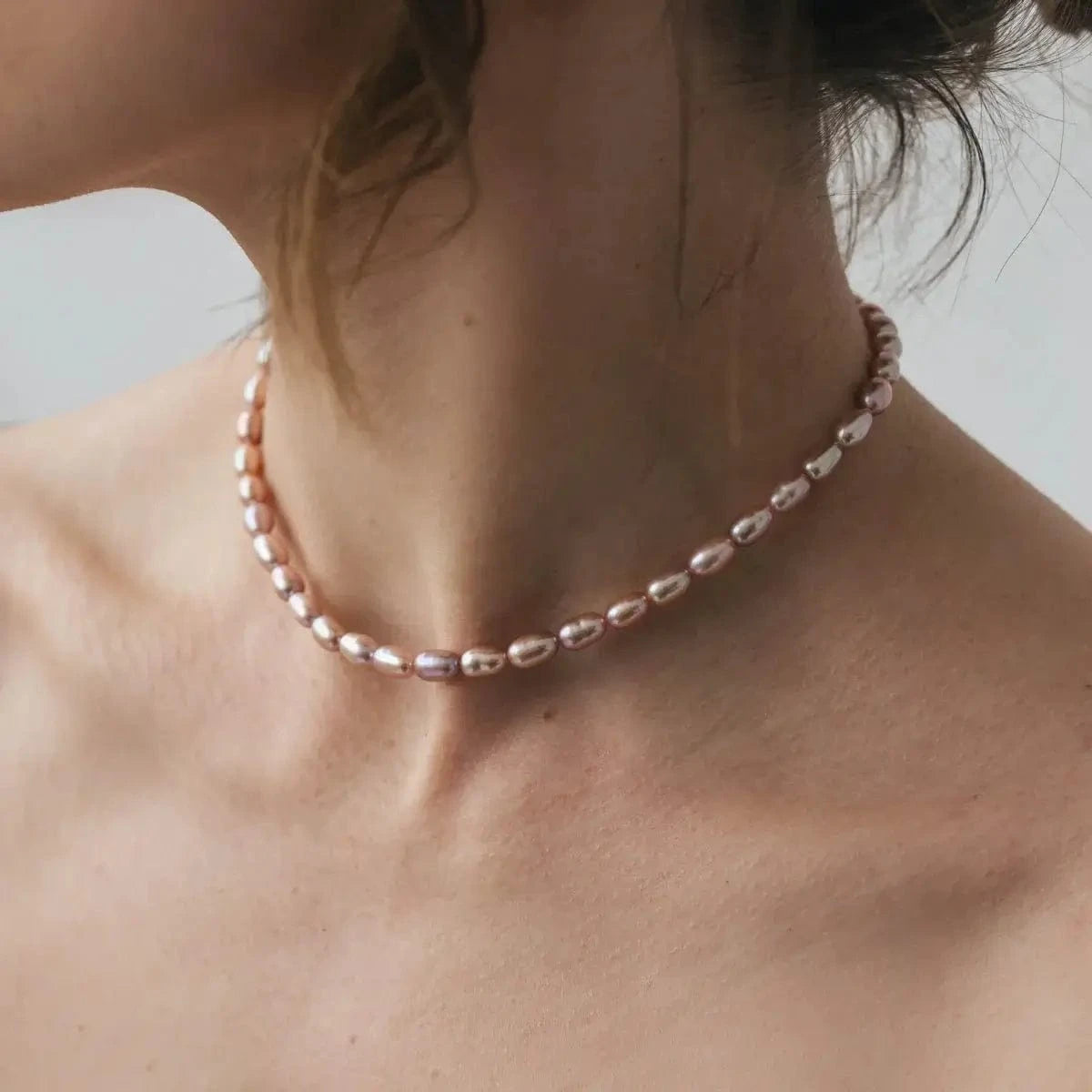 Choker with pink rice pearl 6 mm, silver photo