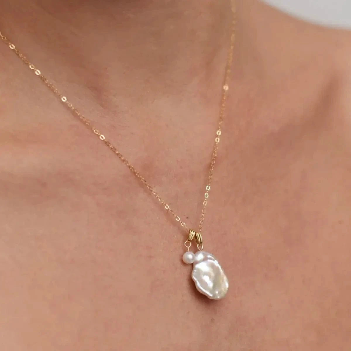 Ocean necklace and 2 pearls pendant, gold-filled chain photo