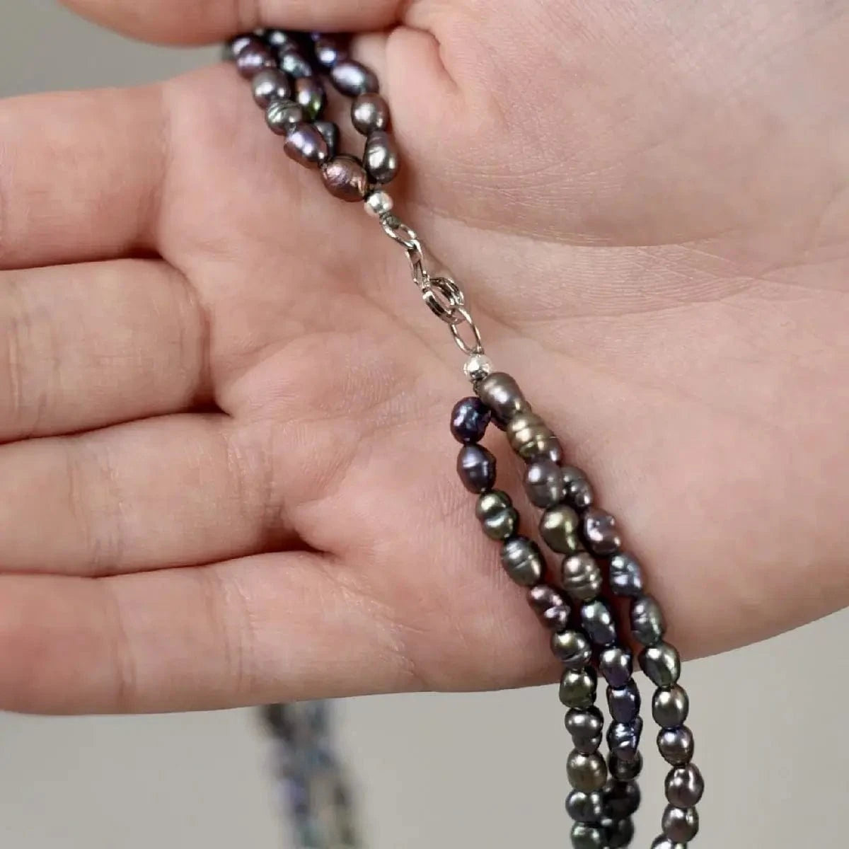 Choker 3 rows black pearl 4 mm baroque rice silver photo
